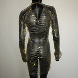 Bling Rhinestones Fishnet Mini Dress Women Sexy Long Sleeve Crystal Dress