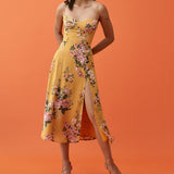 Vintage Midi Dress Side High Slit Sexy Spaghetti Strap Dress