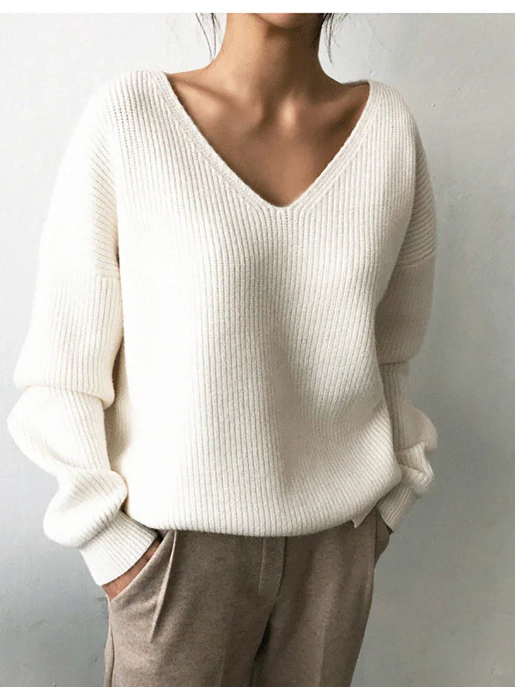 V-Neck Pullovers Knitted Long Sleeve Fleece Jumpers Soft Warm Casual Winter Sweater
