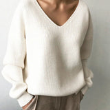 V-Neck Pullovers Knitted Long Sleeve Fleece Jumpers Soft Warm Casual Winter Sweater