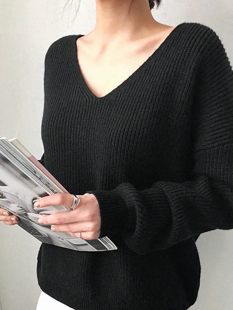 V-Neck Pullovers Knitted Long Sleeve Fleece Jumpers Soft Warm Casual Winter Sweater