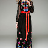 Long Lantern Sleeves Floral Embroidery Sash Belt Elegant Maxi Dress