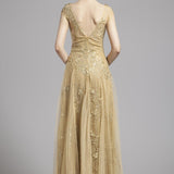 Women's Scoop Neckline Embroidery Sequined A Line Long Prom Party Designer Dresses