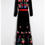 Long Lantern Sleeves Floral Embroidery Sash Belt Elegant Maxi Dress