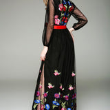 Long Lantern Sleeves Floral Embroidery Sash Belt Elegant Maxi Dress