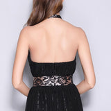 Women's Runway Designer Dresses Sexy Halter Sleeveless Embroidery Lace Open Back Fashion Long Party Prom Maxi Dresses