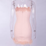 Clubwear Pink Fuzzy Feathers Strap Mini Dresses