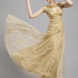 Women's Scoop Neckline Embroidery Sequined A Line Long Prom Party Designer Dresses