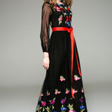Long Lantern Sleeves Floral Embroidery Sash Belt Elegant Maxi Dress