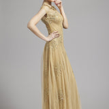 Women's Scoop Neckline Embroidery Sequined A Line Long Prom Party Designer Dresses