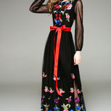 Long Lantern Sleeves Floral Embroidery Sash Belt Elegant Maxi Dress
