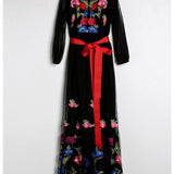 Long Lantern Sleeves Floral Embroidery Sash Belt Elegant Maxi Dress