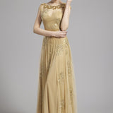 Women's Scoop Neckline Embroidery Sequined A Line Long Prom Party Designer Dresses