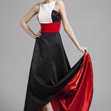 Women's Runway Designer Dresses Sexy Spaghetti Stripes Patchwork Color Block Fashion Hi-Low Party Prom Long Dresses