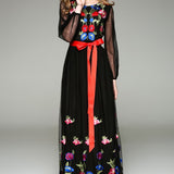 Long Lantern Sleeves Floral Embroidery Sash Belt Elegant Maxi Dress