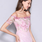 Women's Runway Designer Dresses Sexy Slash Neck Line Embroidery Bodice Patchwork Fashion Prom Long Party Dresses