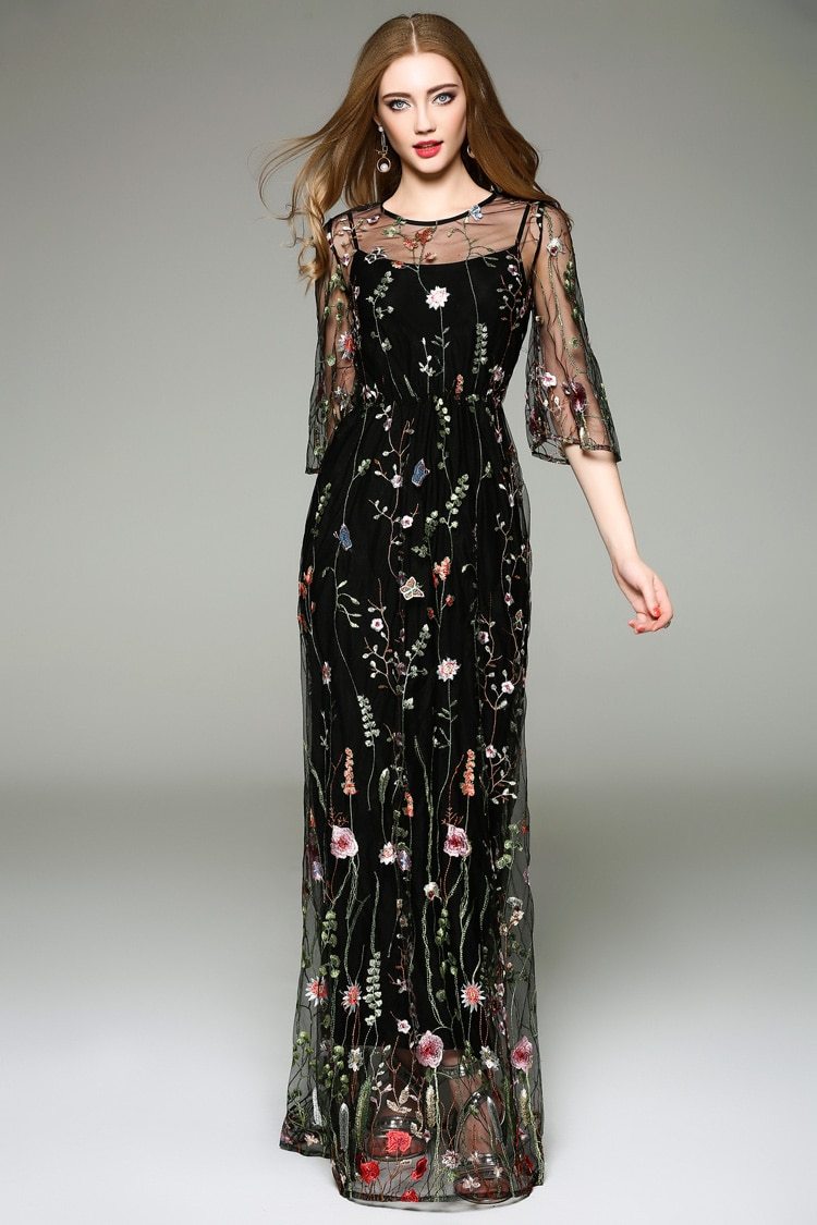 Spring Summer Women's O Neck Long Sleeves Maxi Dresses