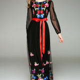 Long Lantern Sleeves Floral Embroidery Sash Belt Elegant Maxi Dress