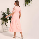 New Women Lace Dress Sweet Pink Guipure Lace Insert Hollow Out O Neck Fit Flare Midi Dresses Party Dress Summer