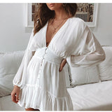 V Neck Women's Spring Summer Dress Lace Long Sleeve Mini Party Dress