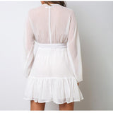 V Neck Women's Spring Summer Dress Lace Long Sleeve Mini Party Dress