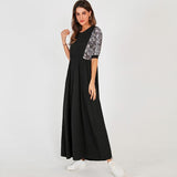 Summer New Women Long Dress Black Casual Fashion Snake Print Stitching Elastic Waist O-neck Half Sleeve Maxi Dresses Robe