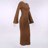 Solid knitted open back flared long sleeve maxi dress