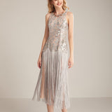 Women's Runway Dresses O Neck Sleeveless Sequined Bodice Tassels Detailing Elegant Fashion Mid Calf Party Prom