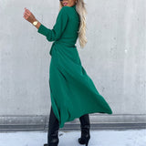 Slim Lace Up Long Sleeve Turn Down Collar Maxi Dress