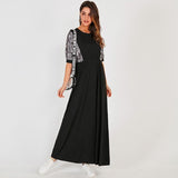Summer New Women Long Dress Black Casual Fashion Snake Print Stitching Elastic Waist O-neck Half Sleeve Maxi Dresses Robe