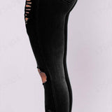 Women's Jeans European and American Stretch Cotton Holes Pencil Feet Pants High Waisted Jeans