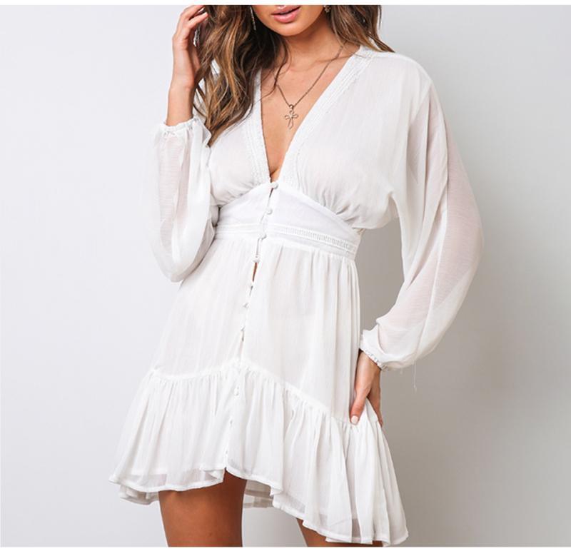 V Neck Women's Spring Summer Dress Lace Long Sleeve Mini Party Dress