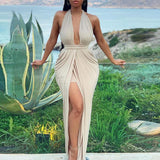 Halter Plunge Thigh Slit Maxi Dress