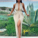 Halter Plunge Thigh Slit Maxi Dress