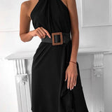 Halter Sleeveless Ruched Design Dress