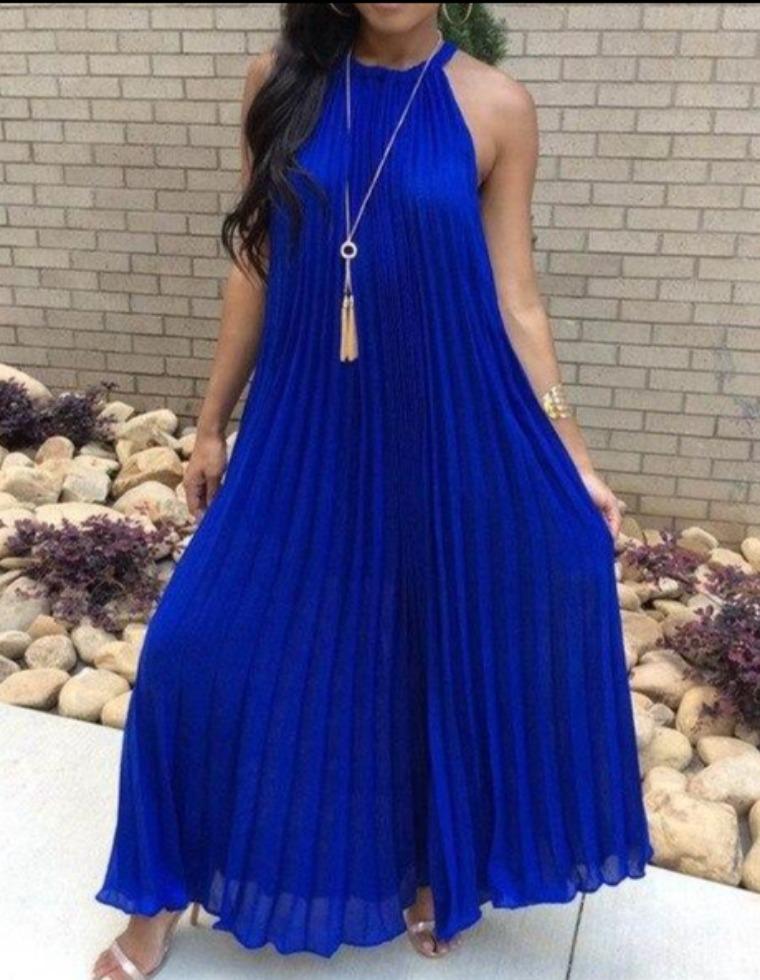 Halter White Pleated Maxi Dress