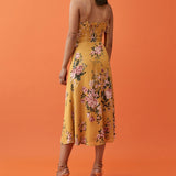 Vintage Midi Dress Side High Slit Sexy Spaghetti Strap Dress