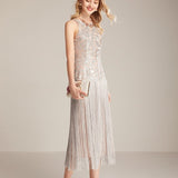 Women's Runway Dresses O Neck Sleeveless Sequined Bodice Tassels Detailing Elegant Fashion Mid Calf Party Prom