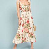 Print Beach Dress Sweetheart Neck Strap Elegant Vintage Chiffon Midi Dress