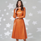 Fit And Flare Winter Dress a Line Pockets Pu Leather Midi Dress