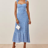 Elegant Ruffle Hem Floral Chiffon Midi Dress Neck Strap Tie Sexy Slip Dress