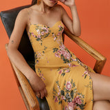 Vintage Midi Dress Side High Slit Sexy Spaghetti Strap Dress