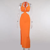 Solid Sexy Open Back Halter Split Maxi Dress