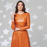Fit And Flare Winter Dress a Line Pockets Pu Leather Midi Dress