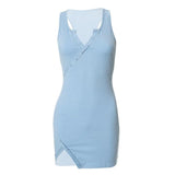 Split Button Sleeveless V Neck Bodycon Mini Dress