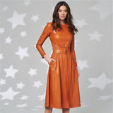 Fit And Flare Winter Dress a Line Pockets Pu Leather Midi Dress