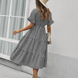 Vintage Plaid Slim Ruffles High Waist Midi Sundress