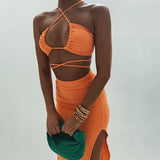 Bandage Cut Out Sexy Halter Neck Top and Skirts Set