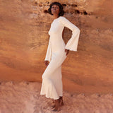 Solid knitted open back flared long sleeve maxi dress