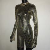 Bling Rhinestones Fishnet Mini Dress Women Sexy Long Sleeve Crystal Dress